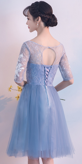 Light Blue Short Sleeves Tulle Party Dress , Tull Homecoming Dresses