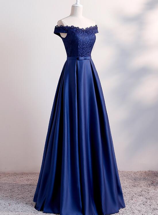Simple Navy Blue Off Shoulder Bridesmaid Dress, Long Lace and Satin Fo Cutedressy Simple Navy Blue Off Shoulder Bridesmaid Dress, Long Lace and Satin Fo Cutedressy