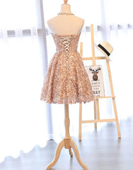 Lovely Champagne Knee Length Party Dress , Lace Floral Homecoming Dress Lovely Champagne Knee Length Party Dress , Lace Floral Homecoming Dress