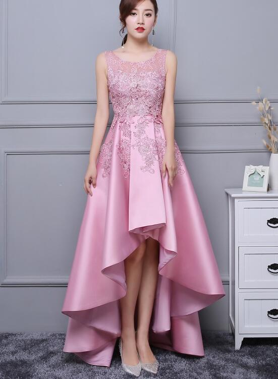 Lovely Pink Satin and Lace High Low Party Dress, Handmade Formal Dress Cutedressy Lovely Pink Satin and Lace High Low Party Dress, Handmade Formal Dress Cutedressy