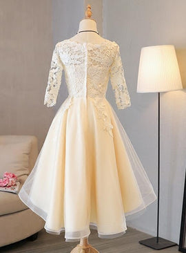 Light Champagne Lace 1/2 Sleeves Tulle New Homecoming Dress, Short Party Dress