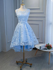 Charming Lace Round Neckline High Low Party Dress with Belt, Cute Party Dress Charming Lace Round Neckline High Low Party Dress with Belt, Cute Party Dress