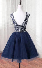 Short Tulle Beaded Dress Blue Knee Length Homecoming Dress, Cute Party Dress Short Tulle Beaded Dress Blue Knee Length Homecoming Dress, Cute Party Dress