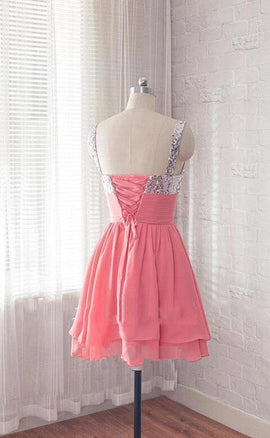 Cute Watermelon Chiffon and Sequins Bridesmaid Dress, Short Party Dress