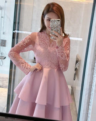Charming Pink Lace Long Sleeves Layers Homecoming Dress, Lovely Party Dress Charming Pink Lace Long Sleeves Layers Homecoming Dress, Lovely Party Dress