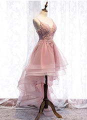 Straps Pink Homecoming Dress High Low Party Dress, Homecoming Dress Straps Pink Homecoming Dress High Low Party Dress, Homecoming Dress