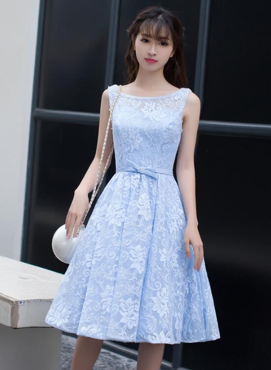 Light Blue Lace Knee Length Round Neckline Party Dress, Charming Blue Cutedressy Light Blue Lace Knee Length Round Neckline Party Dress, Charming Blue Cutedressy