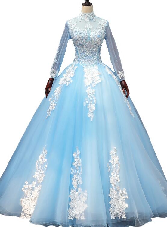 Gorgeous Blue Long Sleeves Ball Gown Sweet 16 Dress, Charming Formal G Cutedressy Gorgeous Blue Long Sleeves Ball Gown Sweet 16 Dress, Charming Formal G Cutedressy
