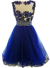 Cute Blue Knee Length Round Neckline Beade Party Dress, Blue Homecoming Dress Cute Blue Knee Length Round Neckline Beade Party Dress, Blue Homecoming Dress