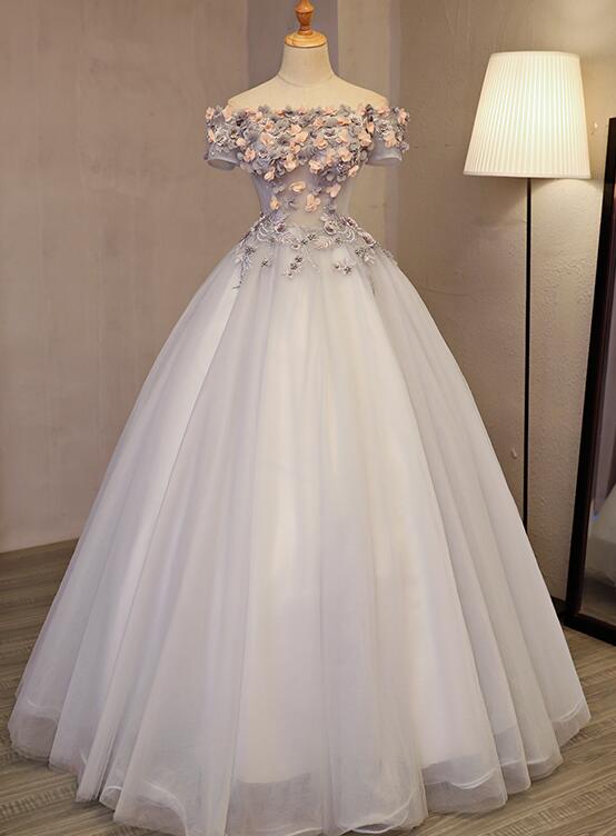 Gorgeous Light Grey Off the Sholder Flowers Formal Gown, Sweet 16 Dres Cutedressy Gorgeous Light Grey Off the Sholder Flowers Formal Gown, Sweet 16 Dres Cutedressy