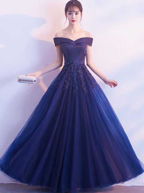 Elegant Navy Blue Off Shoulder A-line Prom Dress, New Party Dress
