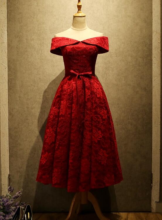 Gorgeous Red Lace Off Shoulder Tea Length Bridesmaid Dress, Red Party Cutedressy Gorgeous Red Lace Off Shoulder Tea Length Bridesmaid Dress, Red Party Cutedressy