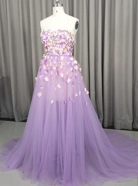 Beautiful Light Purple Tulle with Flowers Party Gown, Tulle Prom Dress Cutedressy Beautiful Light Purple Tulle with Flowers Party Gown, Tulle Prom Dress Cutedressy
