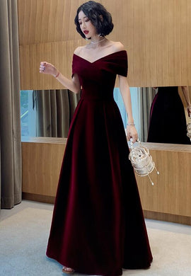 Beautiful Dark Red Velvet Off Shoulder Bridesmaid Dress, A-line Long Prom Dress