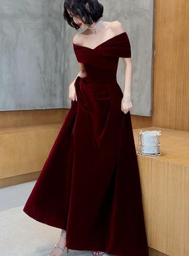 Beautiful Dark Red Velvet Off Shoulder Bridesmaid Dress, A-line Long Prom Dress