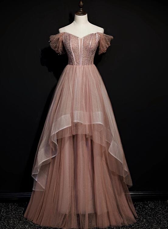 deep pink dress Dark Pink Tulle Beaded Layer Tulle Long Evening Dress, Charming Prom D – Cutedressy