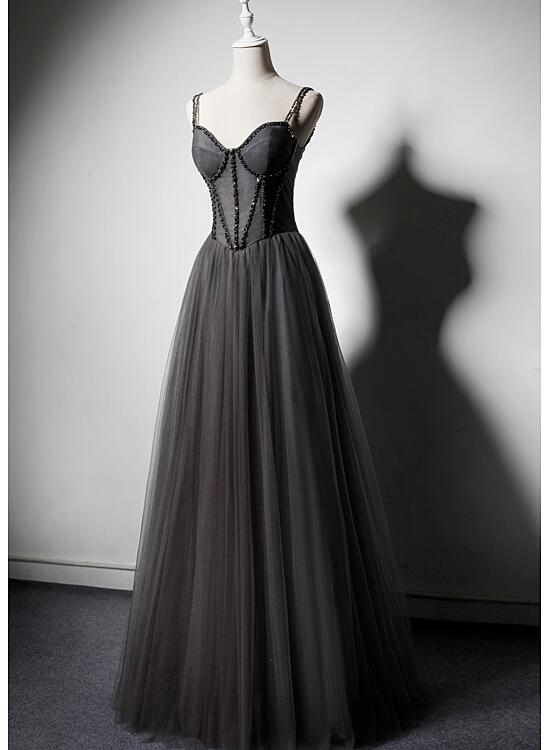 Dark Grey Tulle Straps Long Beaded Party Dress, Grey Long Formal Dress Dark Grey Tulle Straps Long Beaded Party Dress, Grey Long Formal Dress