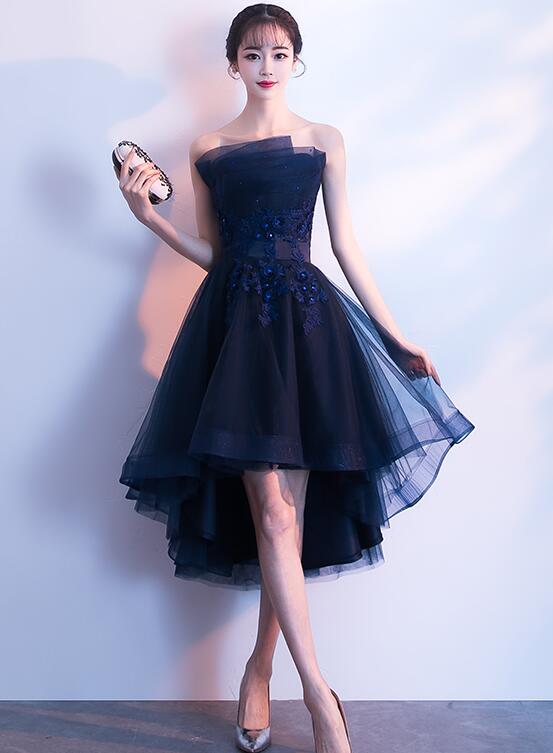 Lovely Navy Blue Tulle High Low Party Dress, Blue Prom Dresses