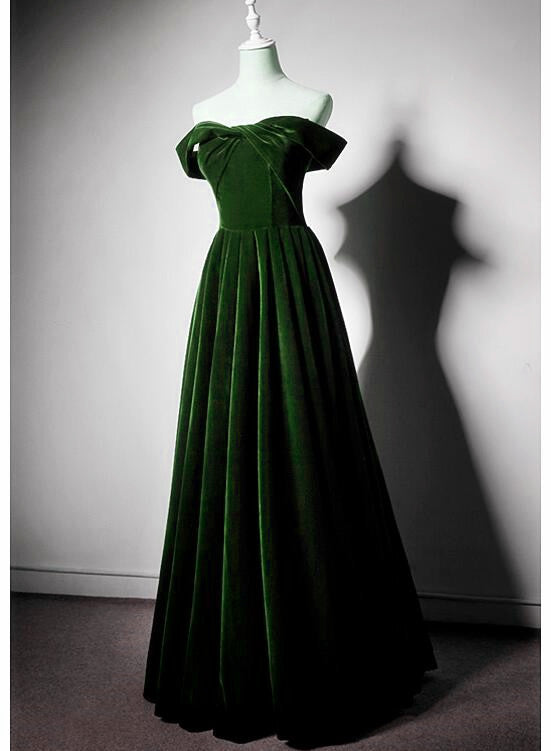 Beautiful Green Off Shoulder A-line Velvet Long Party Dress, Green Bri Cutedressy Beautiful Green Off Shoulder A-line Velvet Long Party Dress, Green Bri Cutedressy