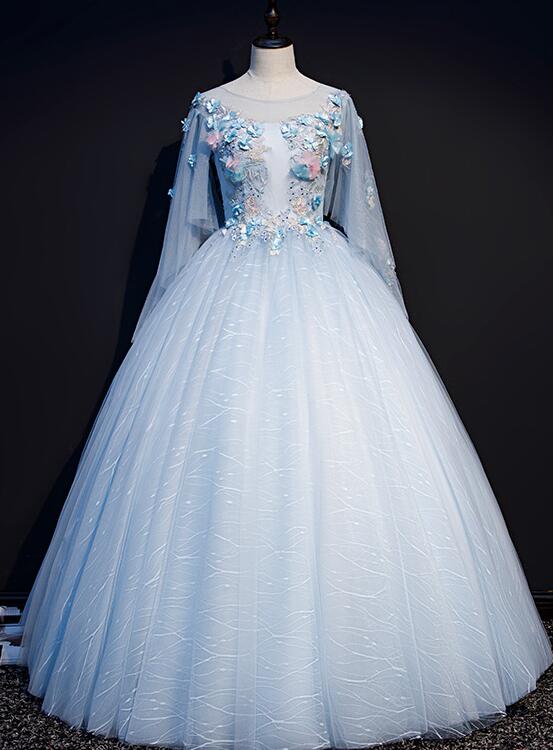 Light Blue Flowers Lace Round Neckline Ball Gown Sweet 16 Dress, Blue Cutedressy Light Blue Flowers Lace Round Neckline Ball Gown Sweet 16 Dress, Blue Cutedressy