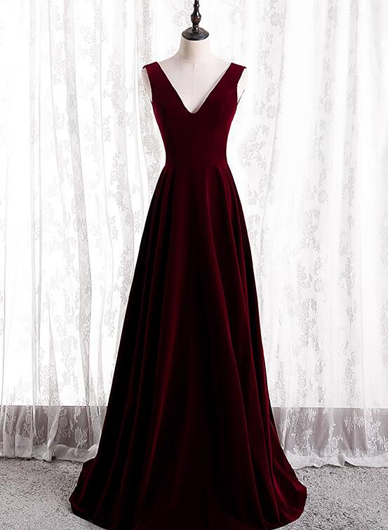 Wine Red V-neckline Velvet Long Bridesmaid Dress Party Dress, A-line S Cutedressy Wine Red V-neckline Velvet Long Bridesmaid Dress Party Dress, A-line S Cutedressy