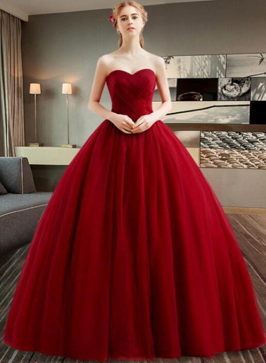 Wine Red Tulle Floor Length Ball Gown Sweet 16 Dress, Dark Red Formal Cutedressy Wine Red Tulle Floor Length Ball Gown Sweet 16 Dress, Dark Red Formal Cutedressy