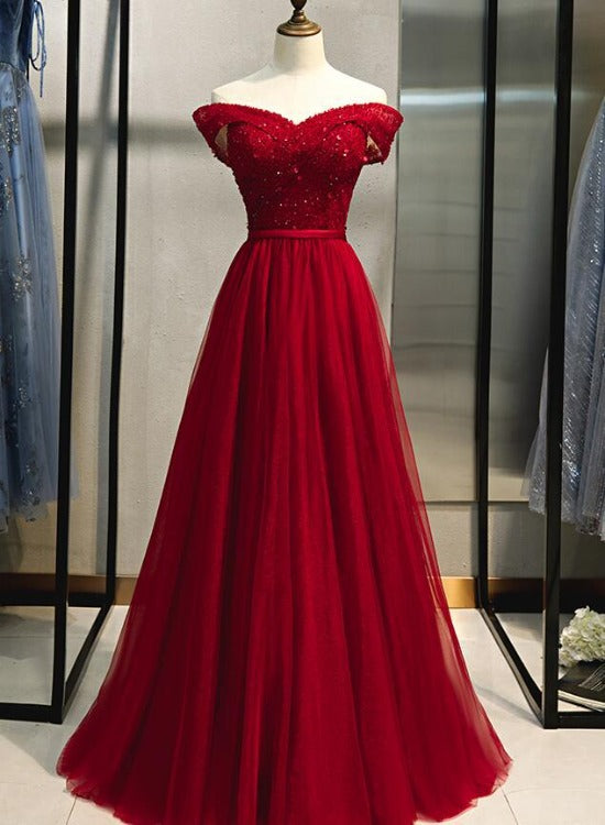 Wine Red Off Shoulder A-line Beaded Sweetheart Prom Dress, Dark Red Ev Wine Red Off Shoulder A-line Beaded Sweetheart Prom Dress, Dark Red Ev