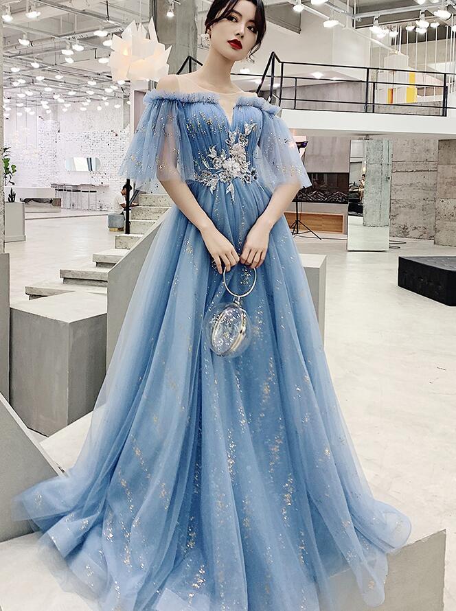 Light Blue Tulle Off Shoulder with White Lace Party Dress, Blue Formal Cutedressy Light Blue Tulle Off Shoulder with White Lace Party Dress, Blue Formal Cutedressy