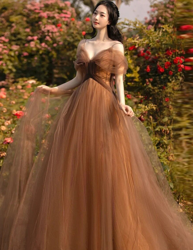 Beautiful Champagne Tulle Straps Long Formal Gown, Tulle Party Dresses Cutedressy Beautiful Champagne Tulle Straps Long Formal Gown, Tulle Party Dresses Cutedressy