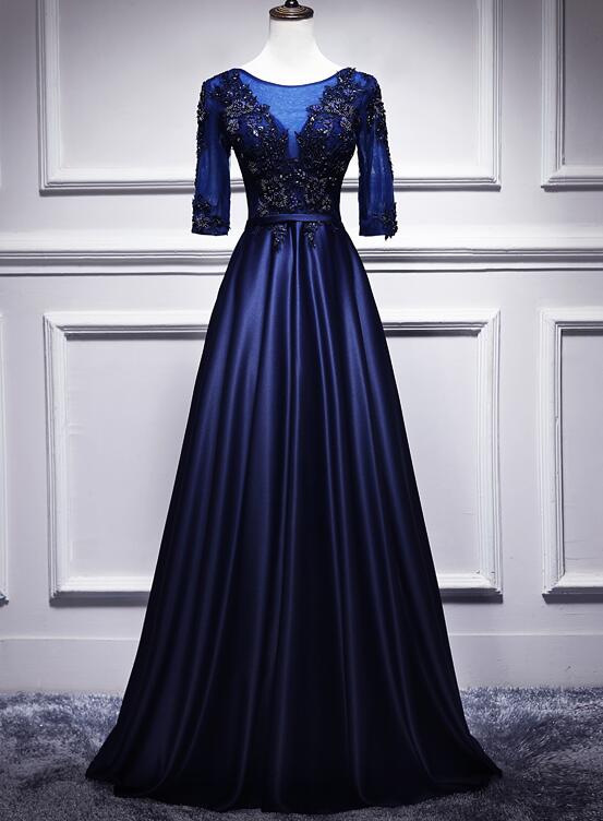 Navy Blue Satin with Lace Short Sleeves Long Prom Dresses, Blue Evenin Cutedressy Navy Blue Satin with Lace Short Sleeves Long Prom Dresses, Blue Evenin Cutedressy