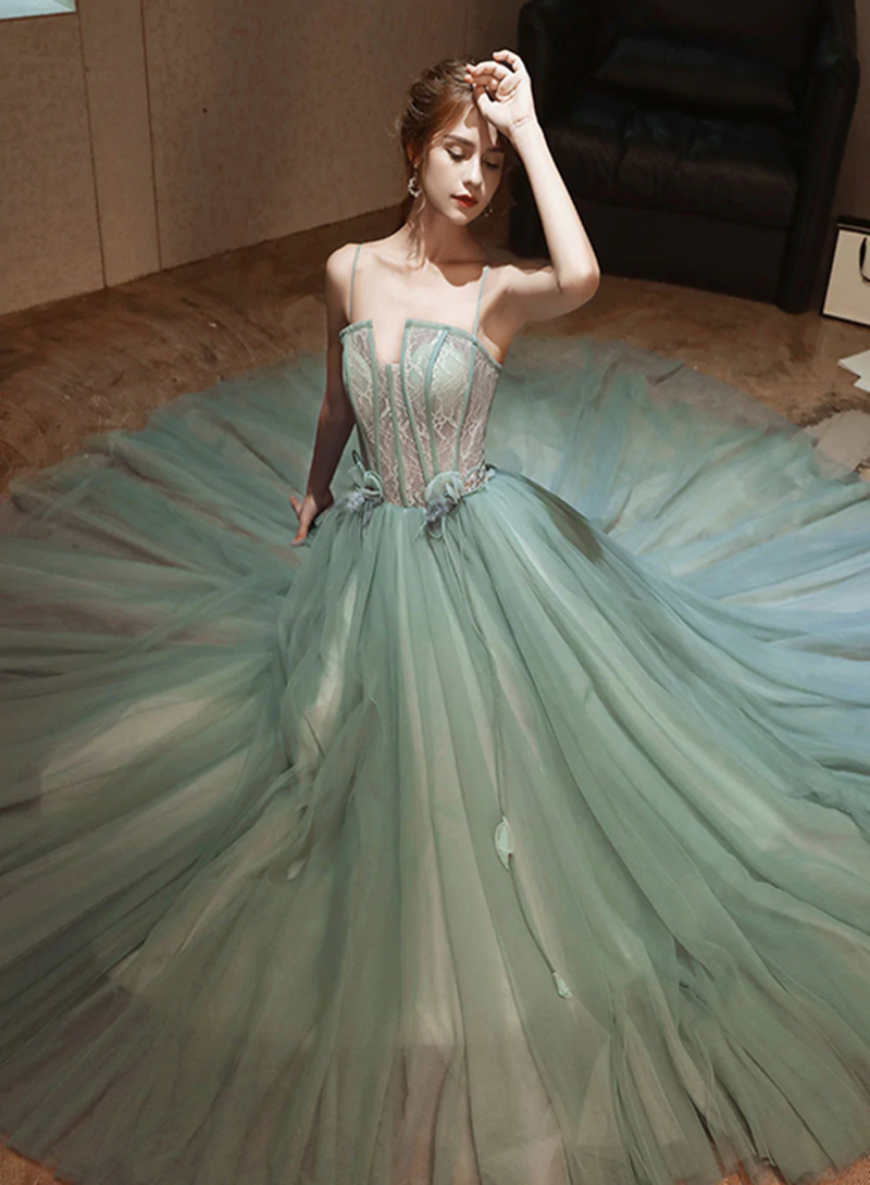 Light Green Tulle Long Party Dress Prom Dress, Straps A-line Evening G Cutedressy Light Green Tulle Long Party Dress Prom Dress, Straps A-line Evening G Cutedressy