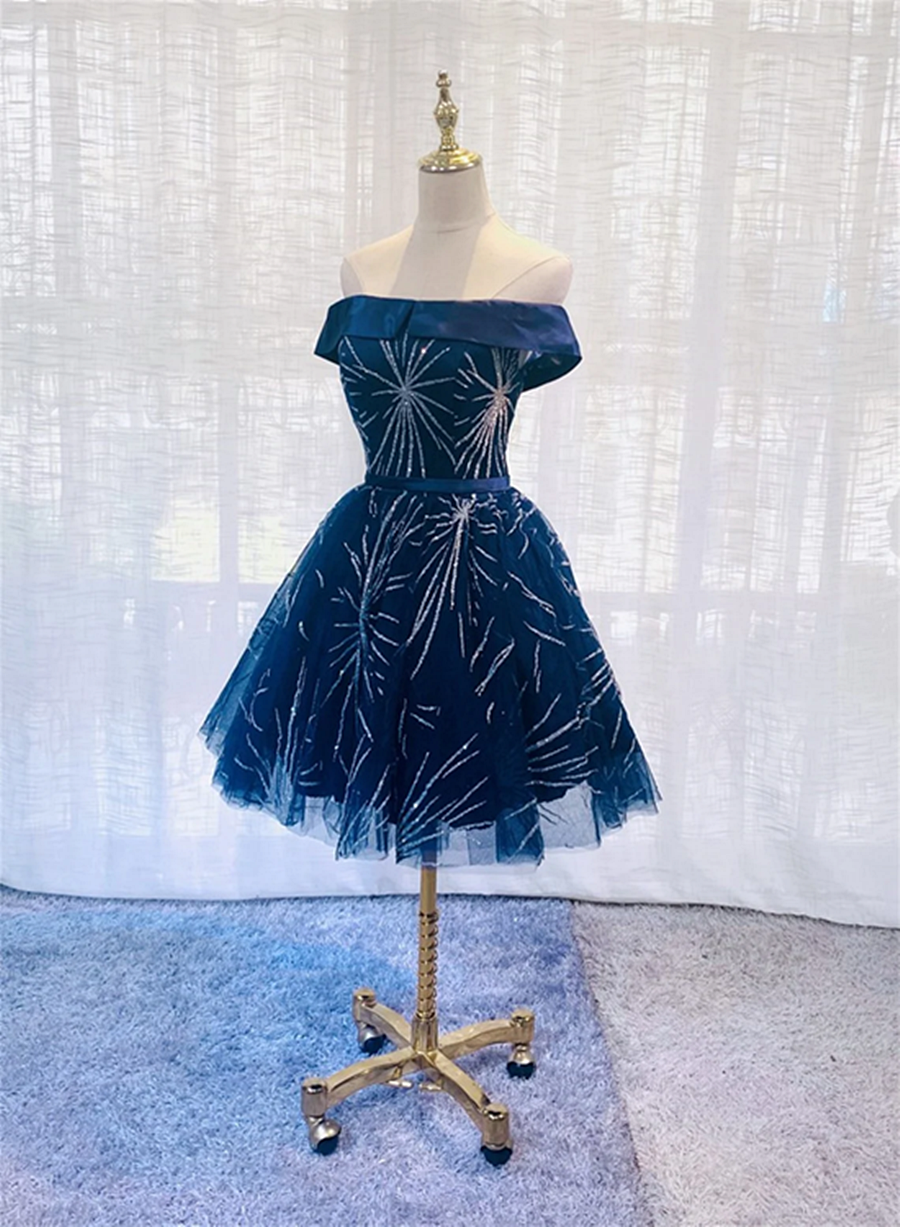 Cute Navy Blue Tulle Short Homecoming Dress, Blue Off Shoulder Prom Dr Cutedressy Cute Navy Blue Tulle Short Homecoming Dress, Blue Off Shoulder Prom Dr Cutedressy