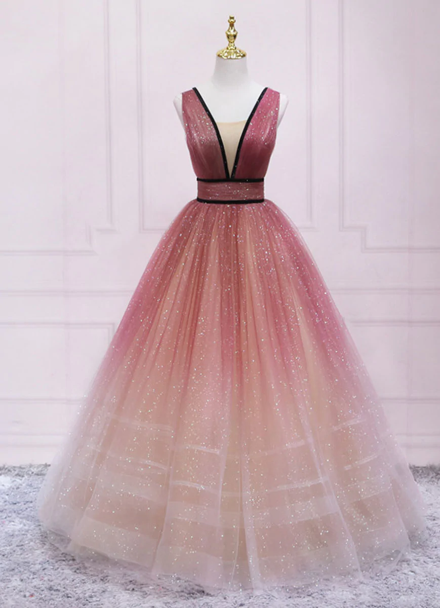 Lovely Tulle Gradient V-neckline Long Party Dress, Layers Tulle Junior Cutedressy Lovely Tulle Gradient V-neckline Long Party Dress, Layers Tulle Junior Cutedressy