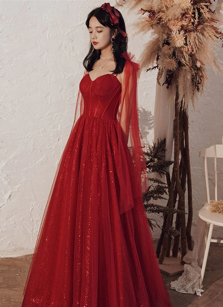 Wine Red Tulle Straps Lace-up A-line Long Formal Dress, Shiny Tulle Ev Wine Red Tulle Straps Lace-up A-line Long Formal Dress, Shiny Tulle Ev