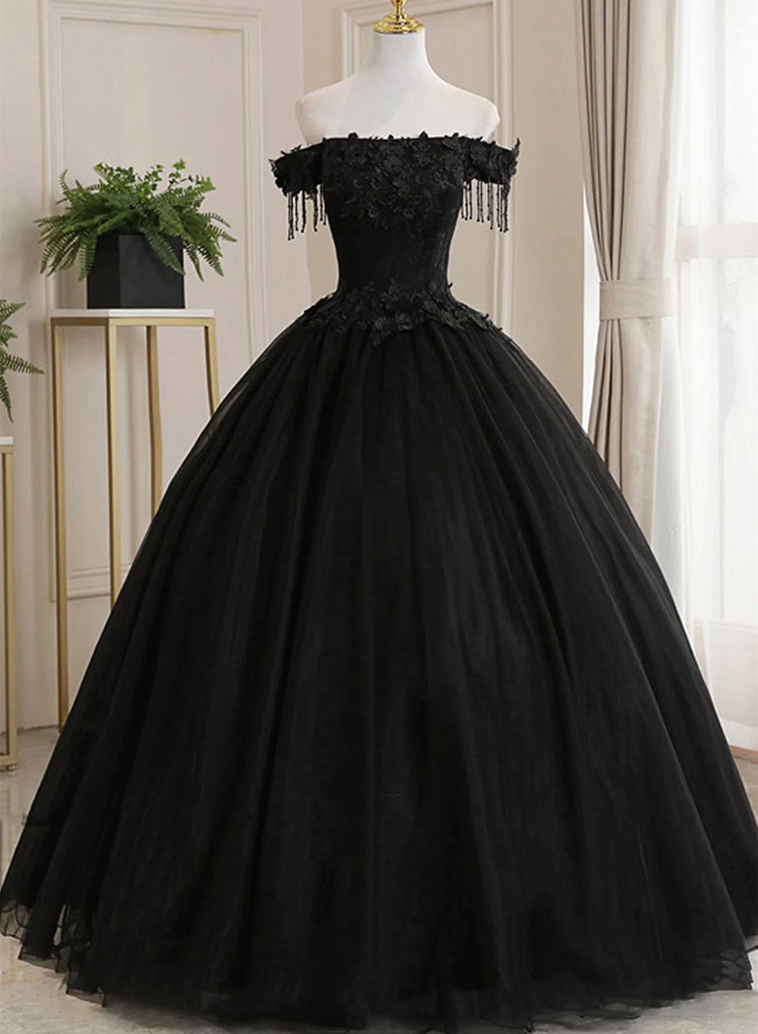 Black Off Shoulder Tulle Ball Gown with Lace Sweet 16 Dress, Black Lon Black Off Shoulder Tulle Ball Gown with Lace Sweet 16 Dress, Black Lon