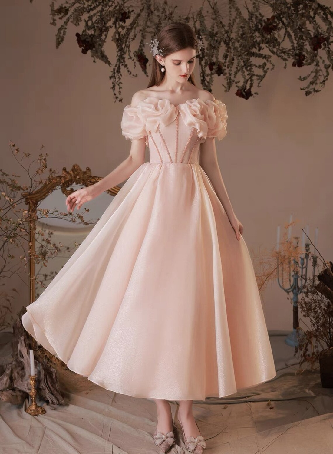 Pink Tea Length Sweetheart Beaded Party Dress, Pink Formal Dress Prom Cutedressy Pink Tea Length Sweetheart Beaded Party Dress, Pink Formal Dress Prom Cutedressy