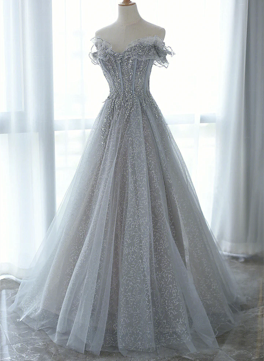 grey sweetheart dress Grey A-line Sweetheart Prom Dresses With Lace Appliques, Evening Gown, MP767