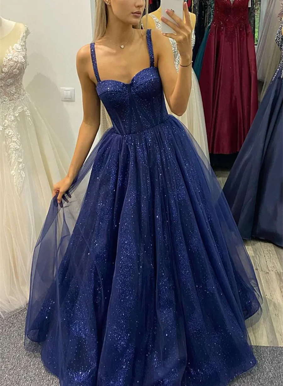 Navy Blue Shiny Tulle Straps Sweetheart Party Dress, A-line Blue Prom Cutedressy Navy Blue Shiny Tulle Straps Sweetheart Party Dress, A-line Blue Prom Cutedressy