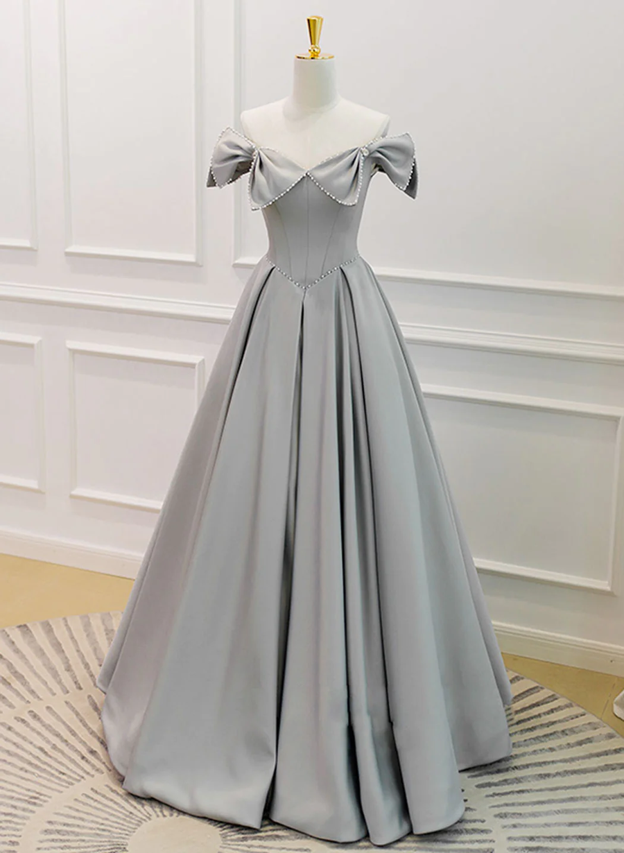 Grey Satin Beaded Long Party Dress with Bow, Grey A-line Prom Dress Grey Satin Beaded Long Party Dress with Bow, Grey A-line Prom Dress