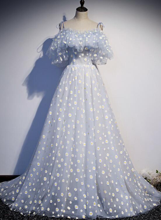 Light blue Tulle Straps Flowers Long Formal Dress, Blue Prom Dress Par Cutedressy Light blue Tulle Straps Flowers Long Formal Dress, Blue Prom Dress Par Cutedressy