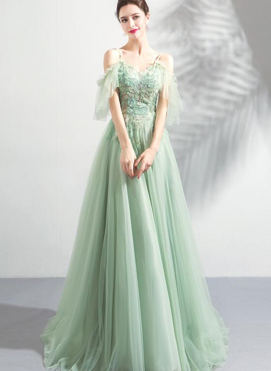 Mint Green And Champagne Off Shoulder Long Formal Dress, A-line Tulle  Evening Dress Party Dress