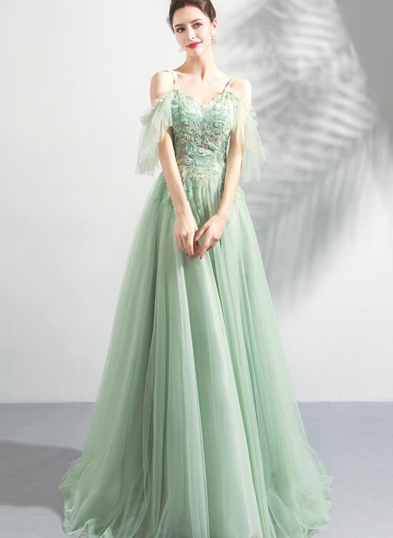 Light Green Lace Flowers V-neckline Straps Long Tulle Prom Dress, A-li Light Green Lace Flowers V-neckline Straps Long Tulle Prom Dress, A-li