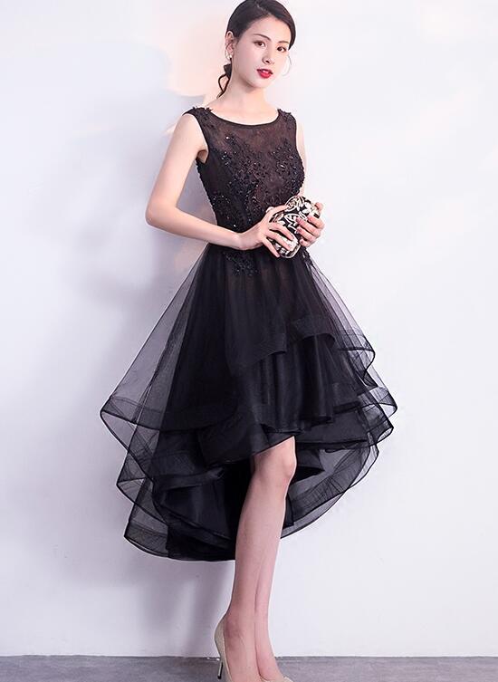 Black High Low Tulle Round Neckline Lace Homecoming Dress, Black Short Cutedressy Black High Low Tulle Round Neckline Lace Homecoming Dress, Black Short Cutedressy