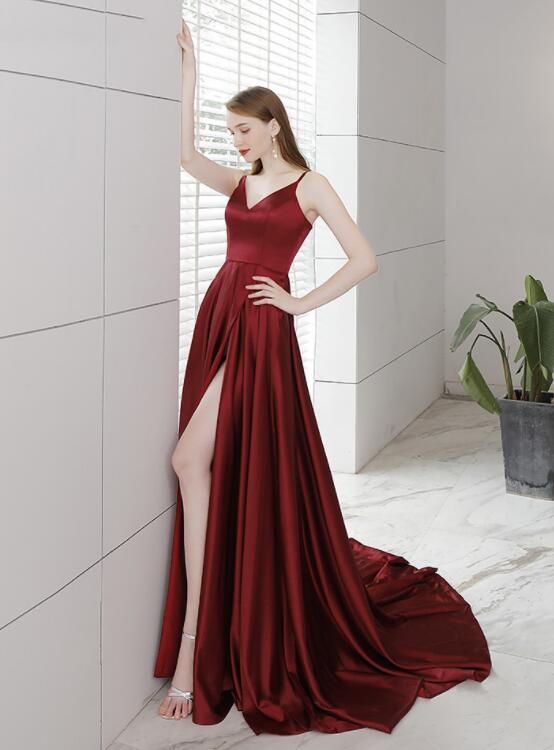 Burgundy Satin Straps High Leg Slit Long Party Dress Evening Dress, Bu Cutedressy Burgundy Satin Straps High Leg Slit Long Party Dress Evening Dress, Bu Cutedressy