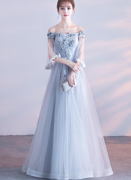 Elegant Grey Tulle Long Party Dress , Off Shoulder Bridesmaid Dress – Cutedressy