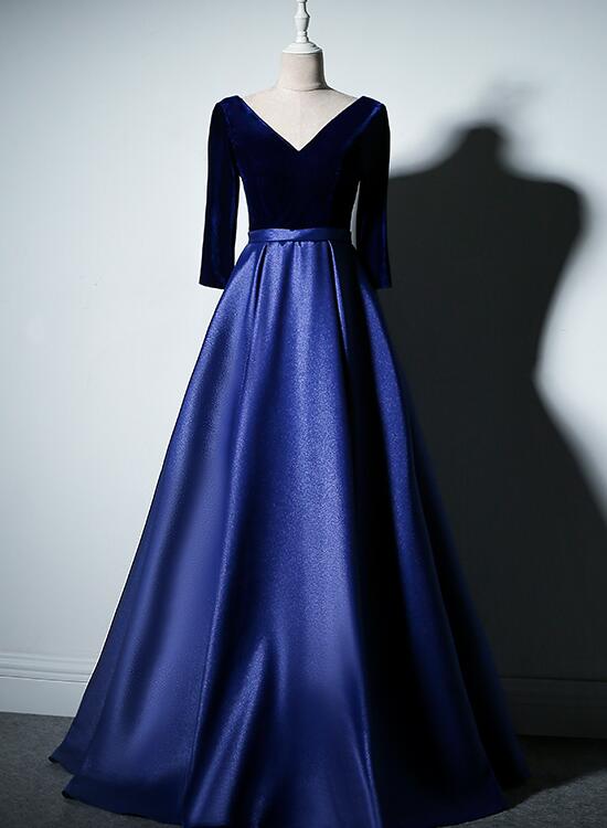 Charming Royal Blue Satin with Velvet Long Prom Dress, Bridesmaid Dres Cutedressy Charming Royal Blue Satin with Velvet Long Prom Dress, Bridesmaid Dres Cutedressy