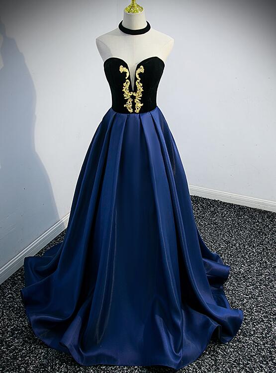 Beautiful Navy Blue Satin Halter Long Party Dress, Satin with Velvet P Cutedressy Beautiful Navy Blue Satin Halter Long Party Dress, Satin with Velvet P Cutedressy
