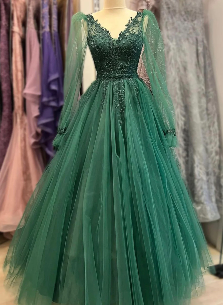 Hunter Green V neckline Tulle with Lace Applique Party Dress Green Ev