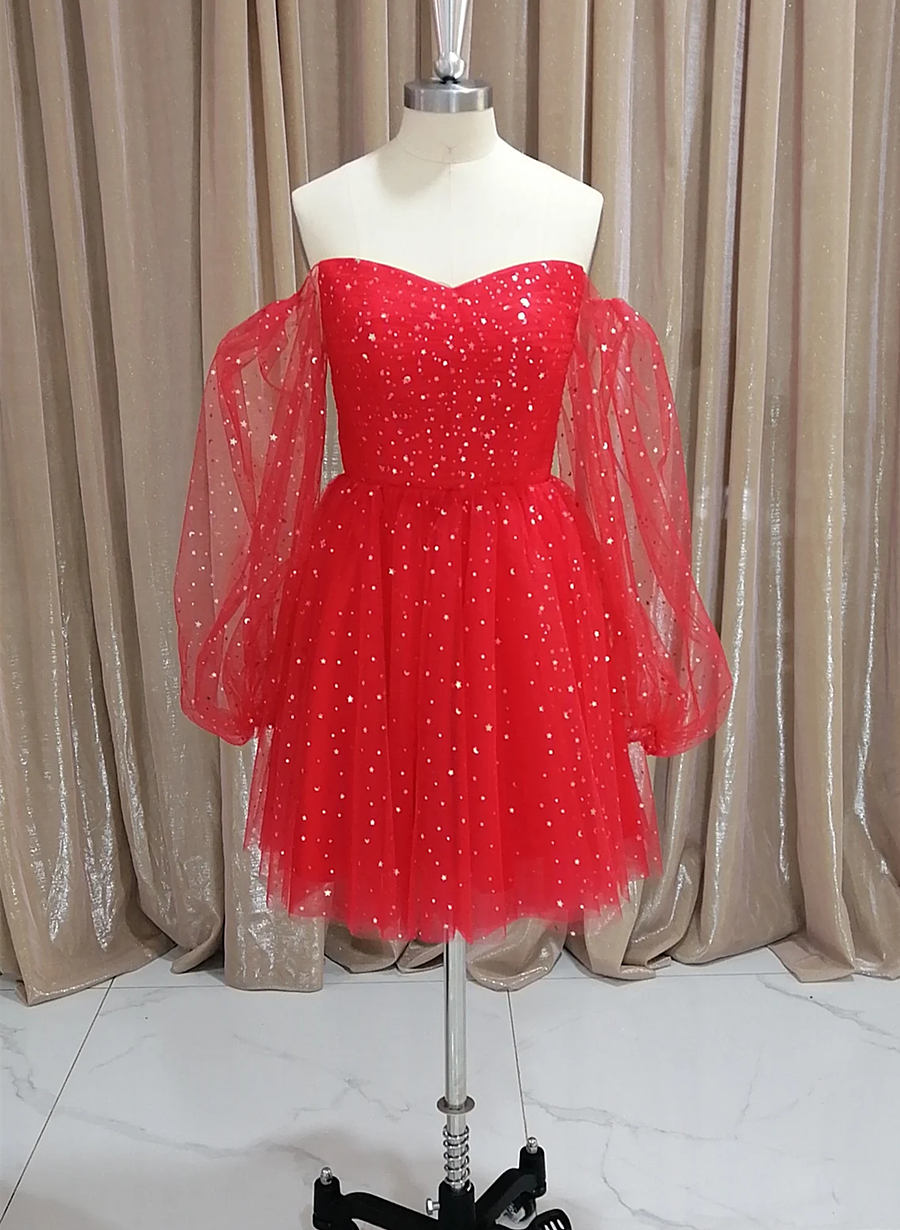 Red Tulle Long Puffy Sleeves Short Prom Dress Red Tulle Homecoming Dr