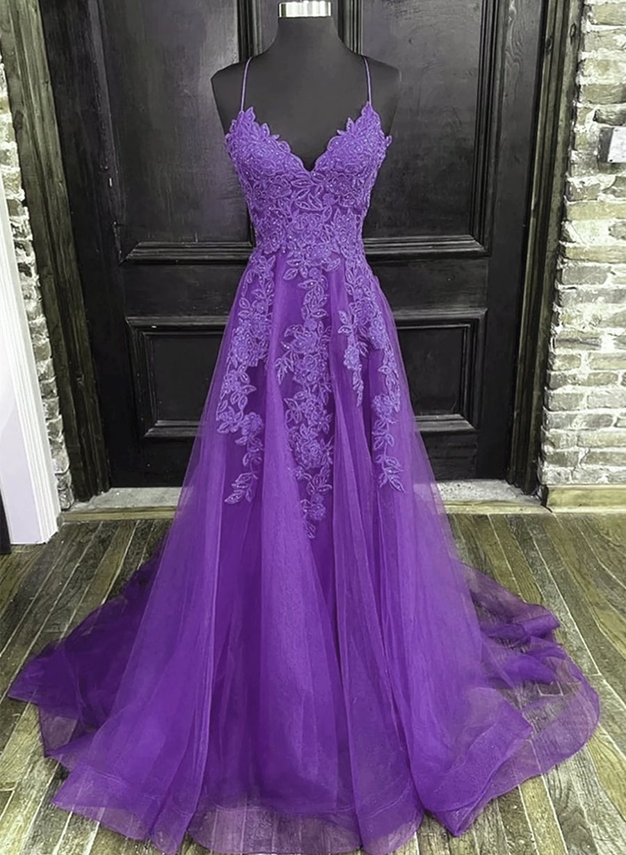 V-neckline Purple A-line Straps Long Prom Dress, Purple Long Evening D